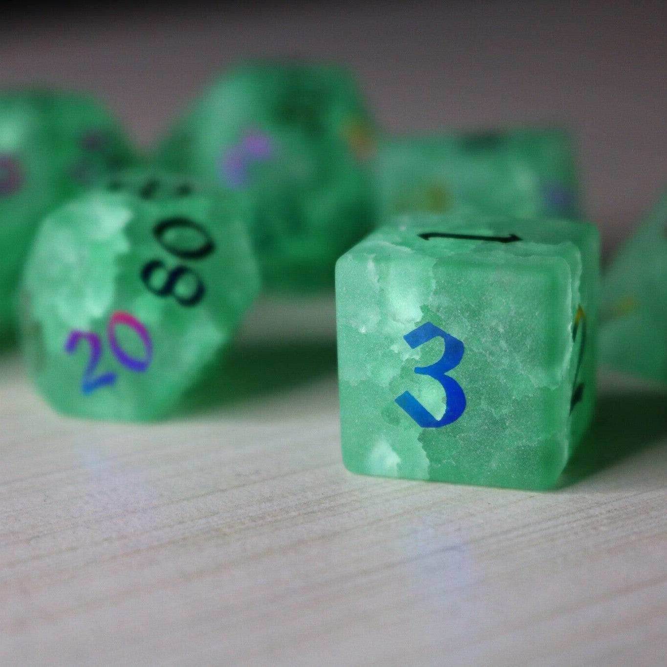 Green Mint Inked Lightning Cracked Glass DND Dice Set - Full Set And Free Dice Box