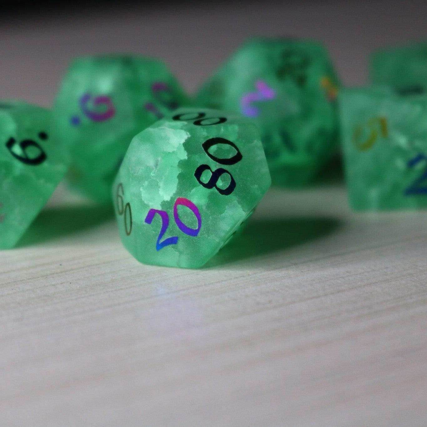 Green Mint Inked Lightning Cracked Glass DND Dice Set - Full Set And Free Dice Box