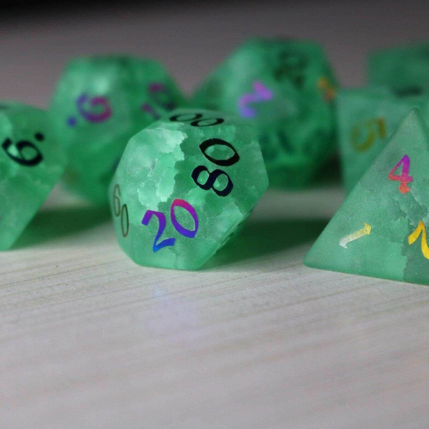 Green Mint Inked Lightning Cracked Glass DND Dice Set - Full Set And Free Dice Box