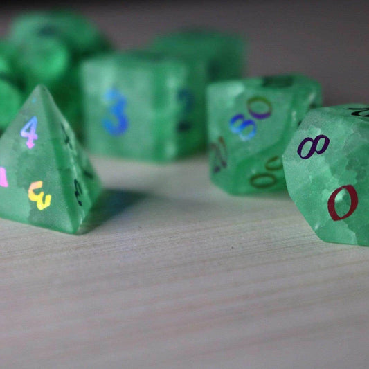 Green Mint Inked Lightning Cracked Glass DND Dice Set - Full Set And Free Dice Box
