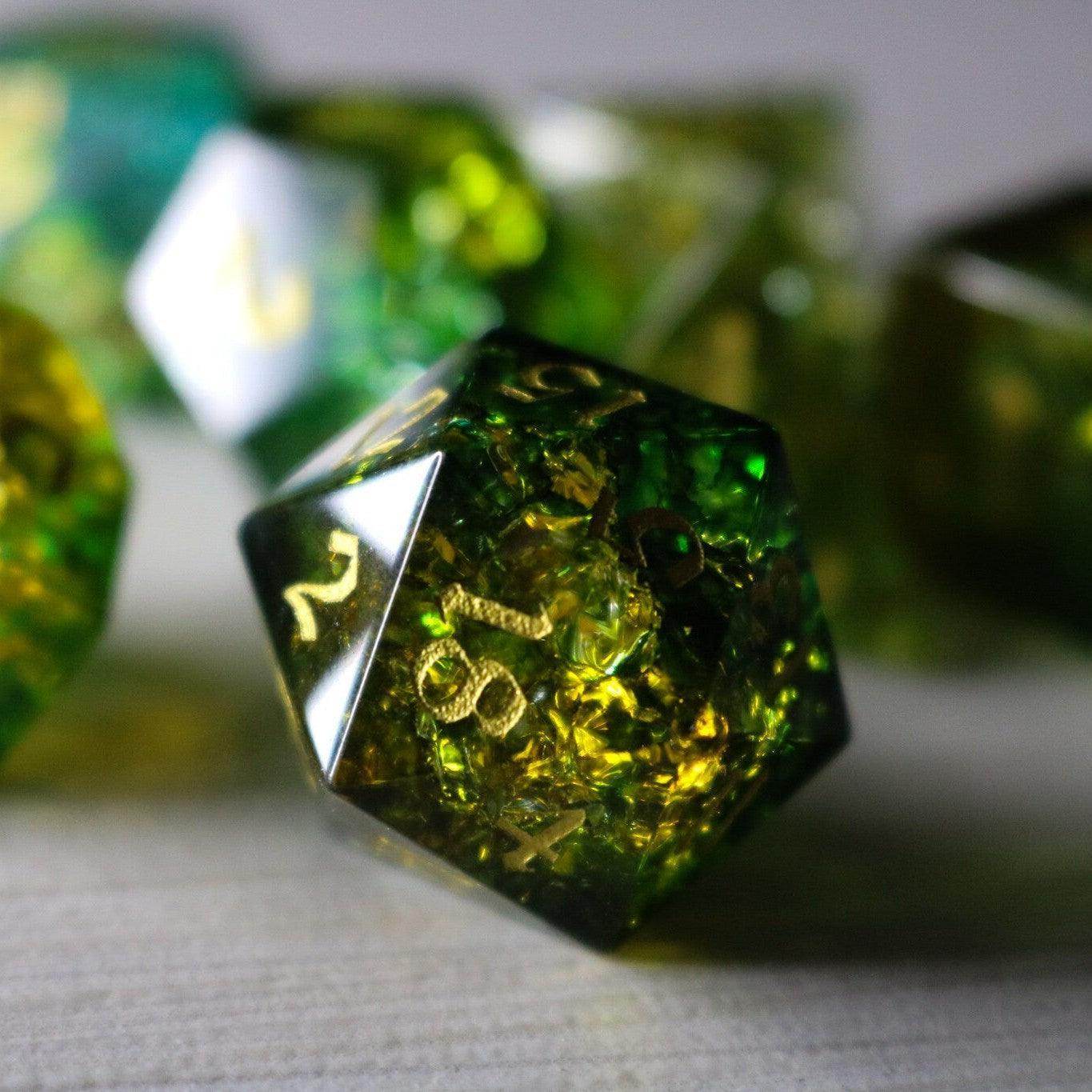 Green Poison Forge Fire Cracked Glass DND Dice Set - Full Set And Free Box