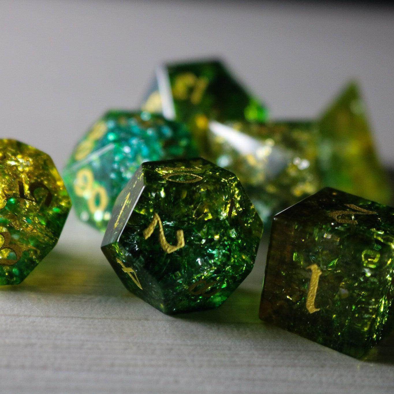 Green Poison Forge Fire Cracked Glass DND Dice Set - Full Set And Free Box