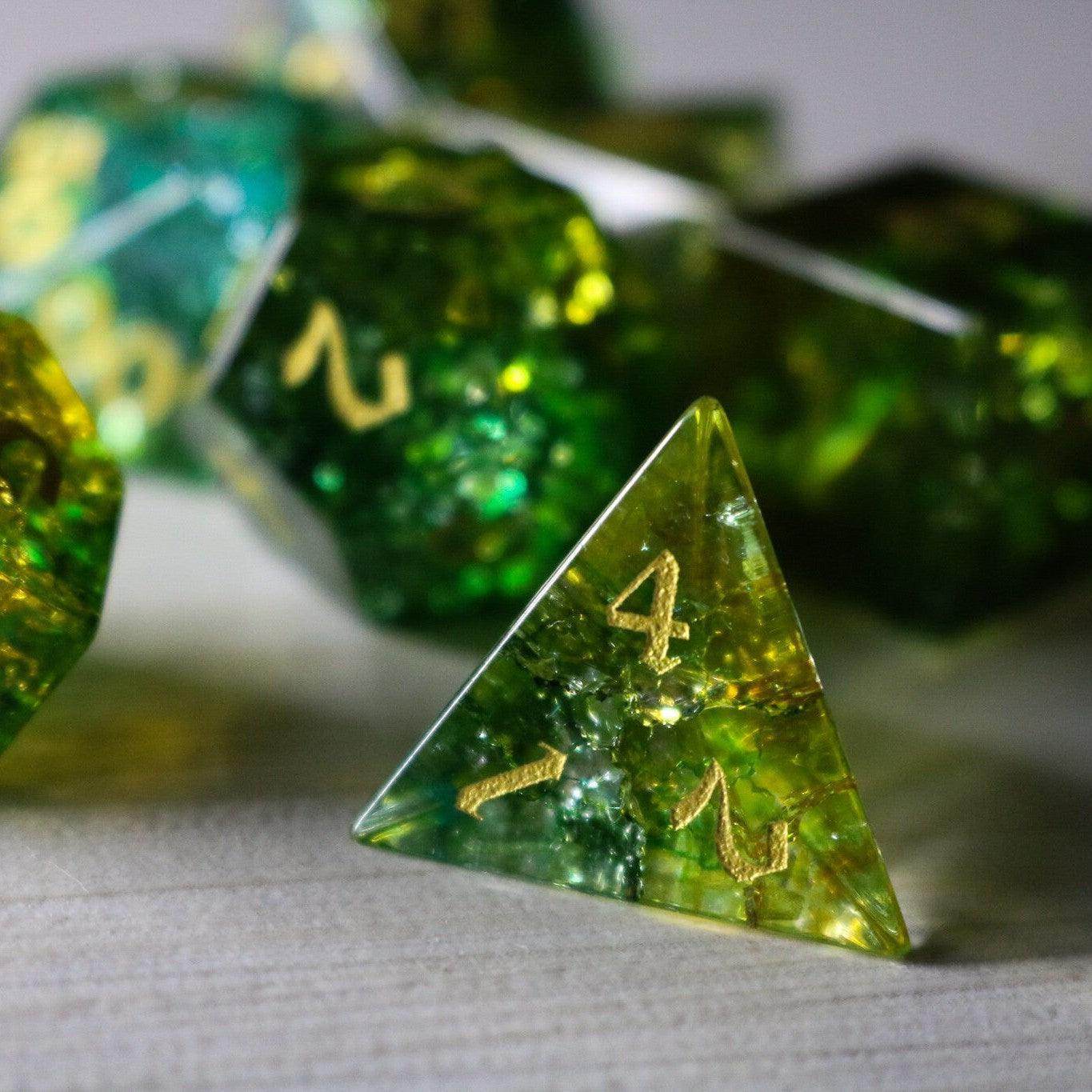 Green Poison Forge Fire Cracked Glass DND Dice Set - Full Set And Free Box