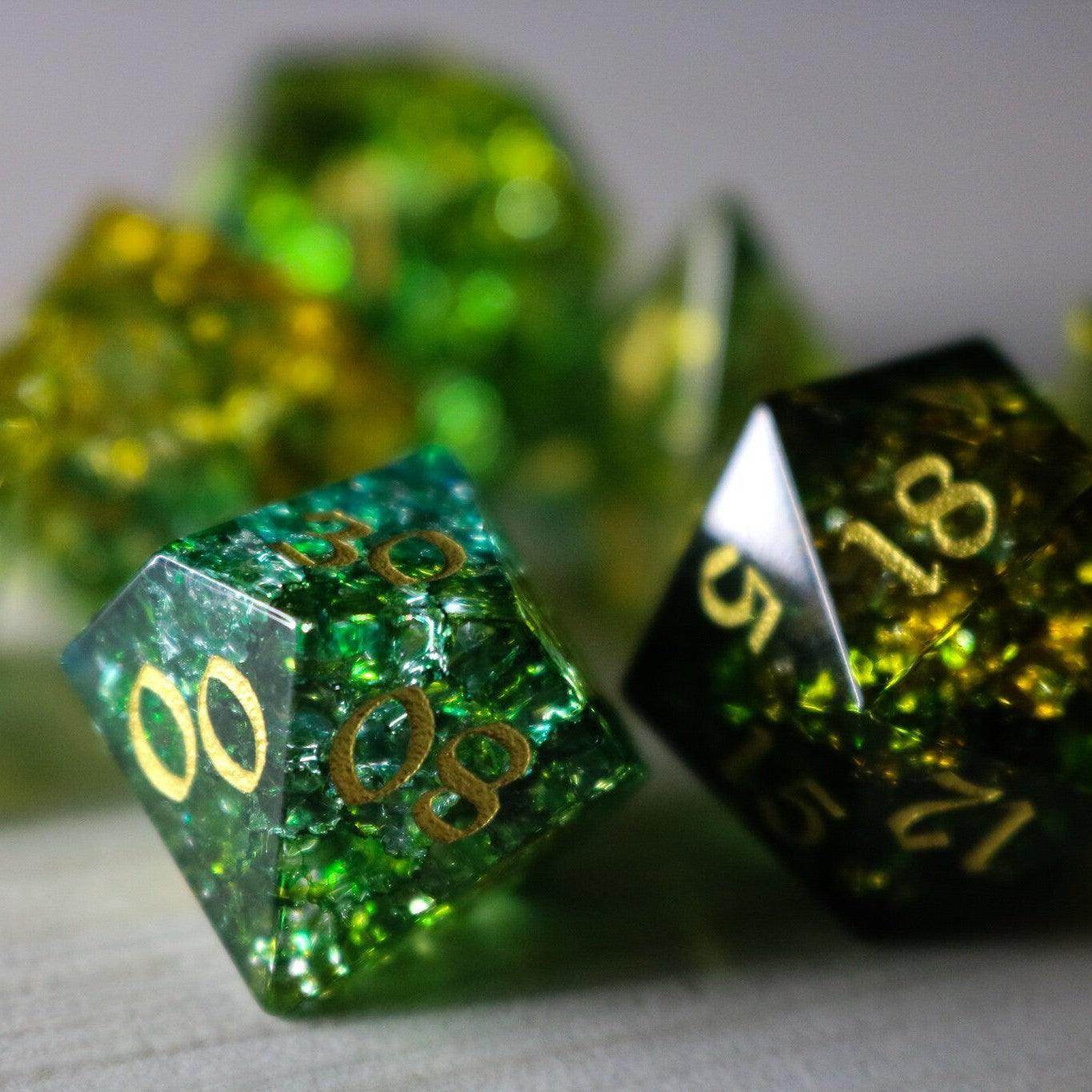 Green Poison Forge Fire Cracked Glass DND Dice Set - Full Set And Free Box