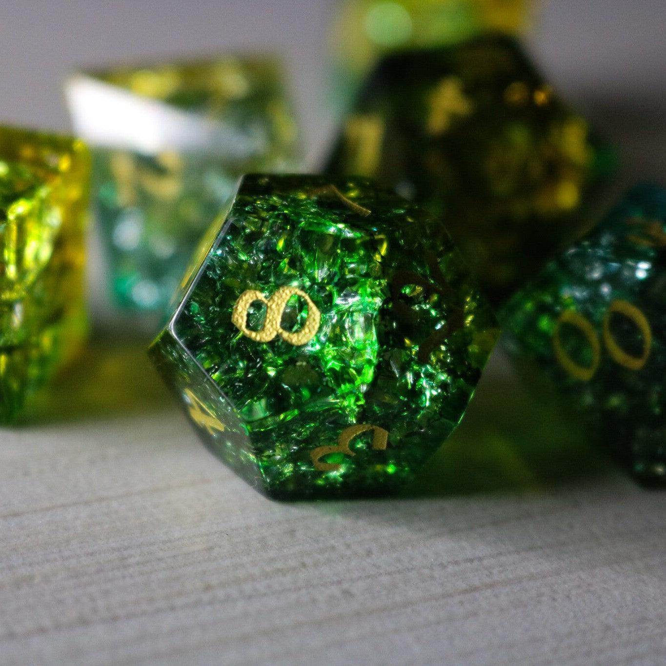 Green Poison Forge Fire Cracked Glass DND Dice Set - Full Set And Free Box
