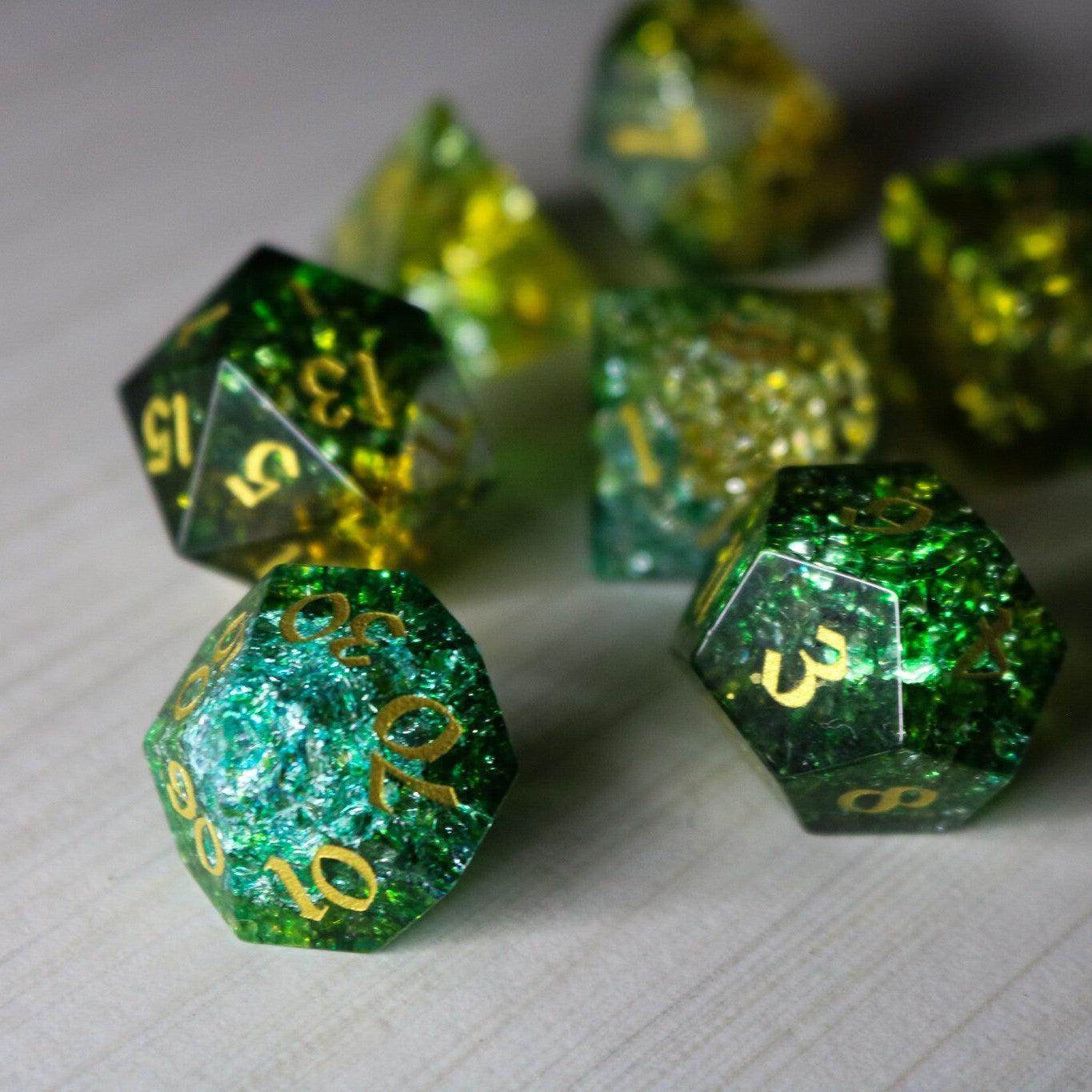 Green Poison Forge Fire Cracked Glass DND Dice Set - Full Set And Free Box