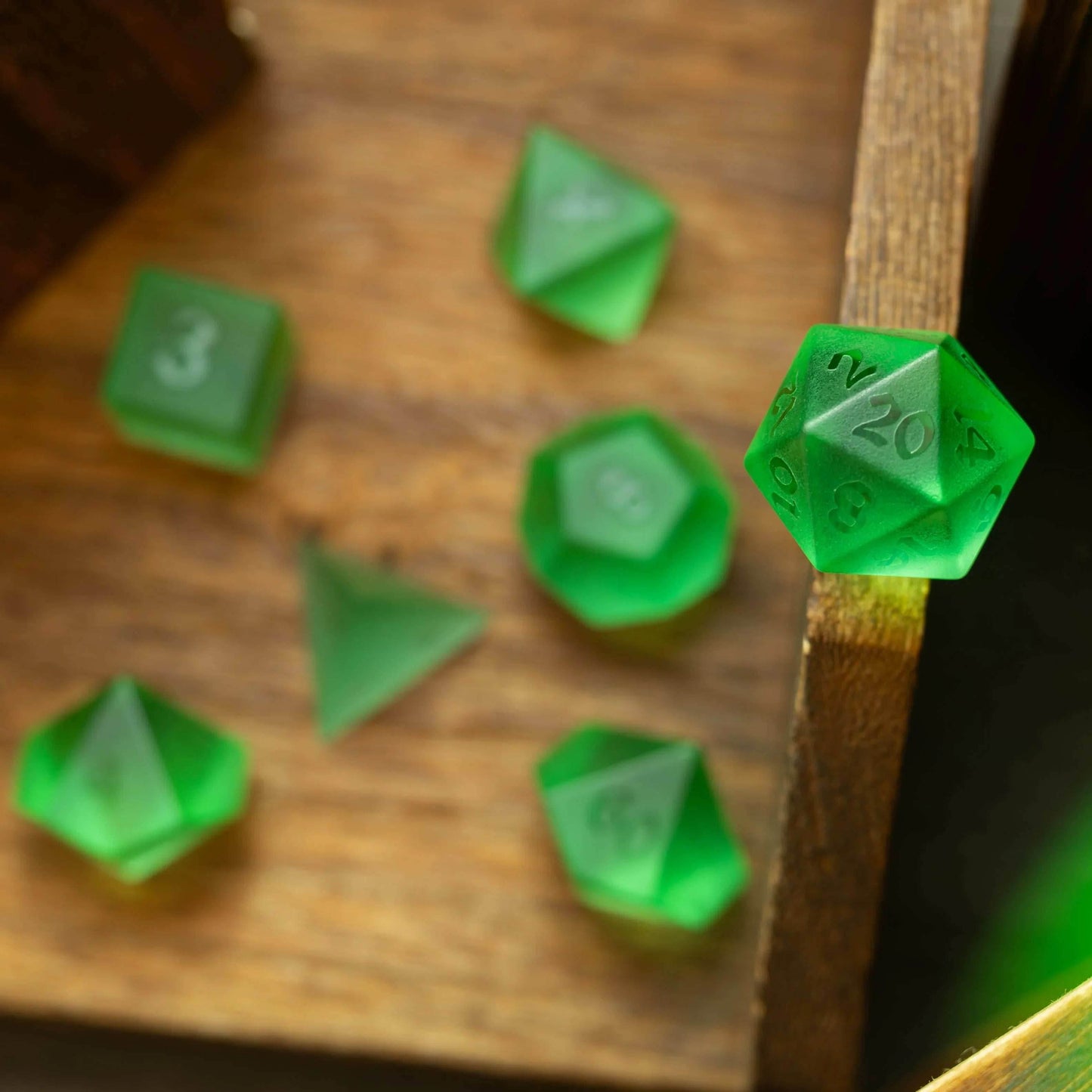 Green Raised Zircon Glass Hand Carved DND Dice Set - Full Set And Free Dice Box