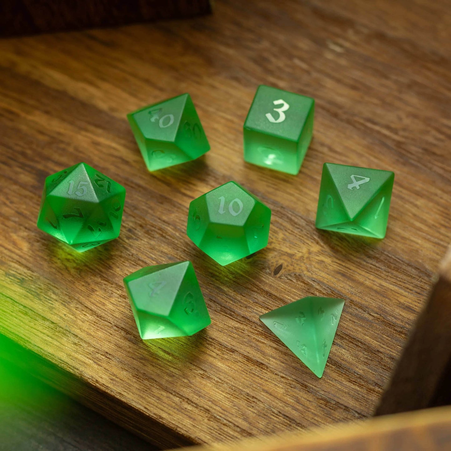 Green Raised Zircon Glass Hand Carved DND Dice Set - Full Set And Free Dice Box