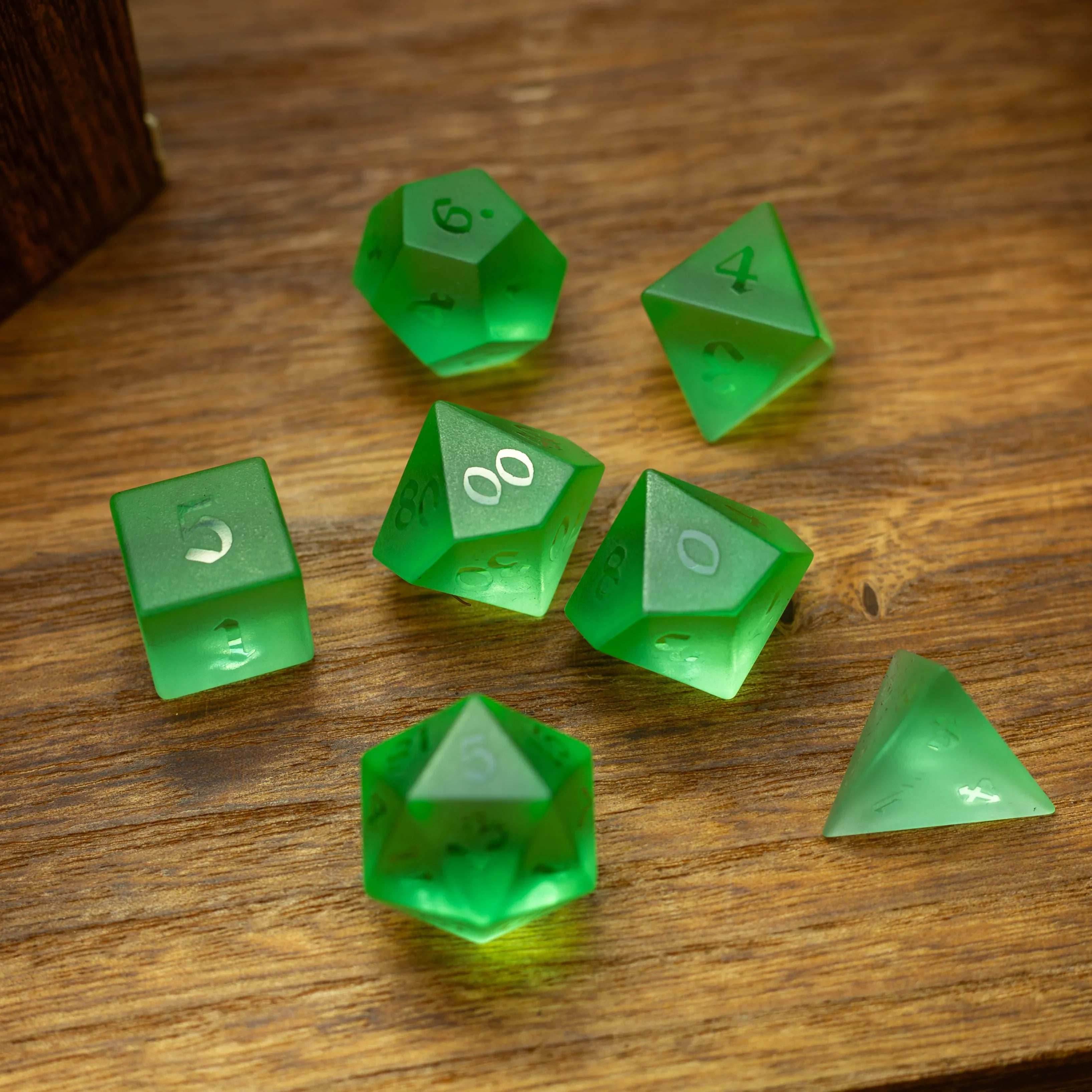 Green Raised Zircon Glass Hand Carved DND Dice Set - Full Set And Free Dice Box