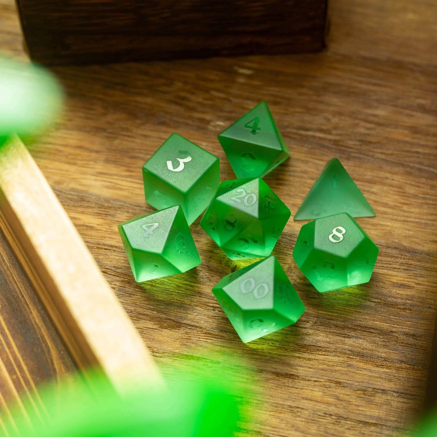 Green Raised Zircon Glass Hand Carved DND Dice Set - Full Set And Free Dice Box