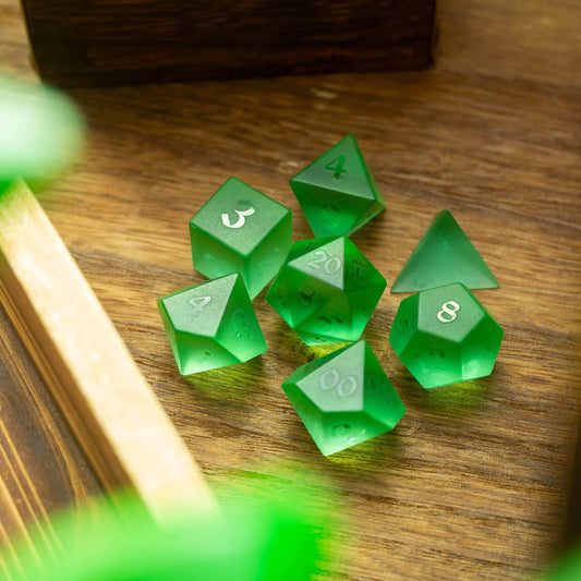 Green Raised Zircon Glass Hand Carved DND Dice Set - Full Set And Free Dice Box