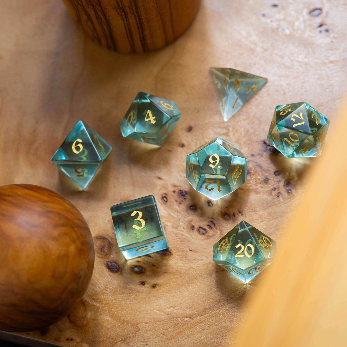 Green Water Glass Hand Carved DND Dice Set - Full Set And Free Dice Box