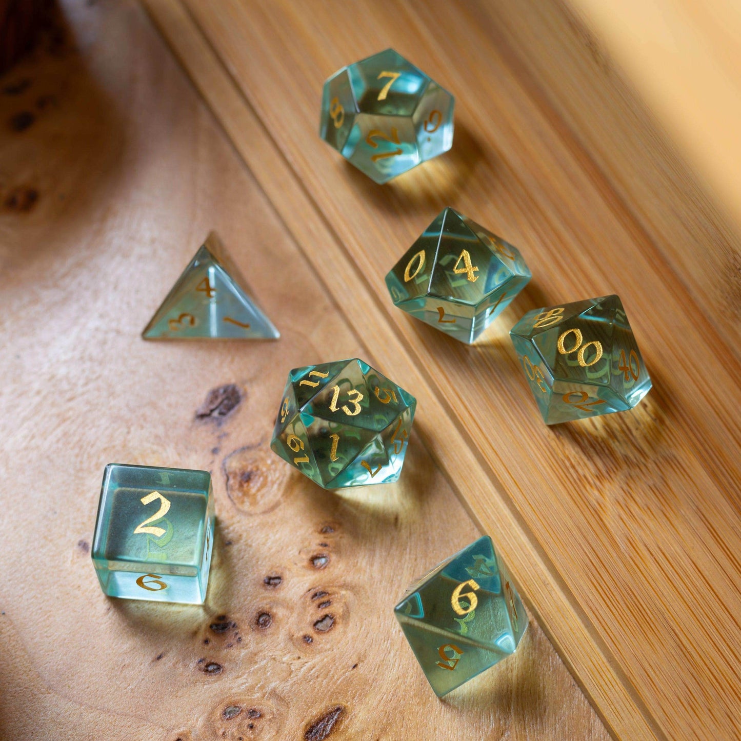Green Water Glass Hand Carved DND Dice Set - Full Set And Free Dice Box
