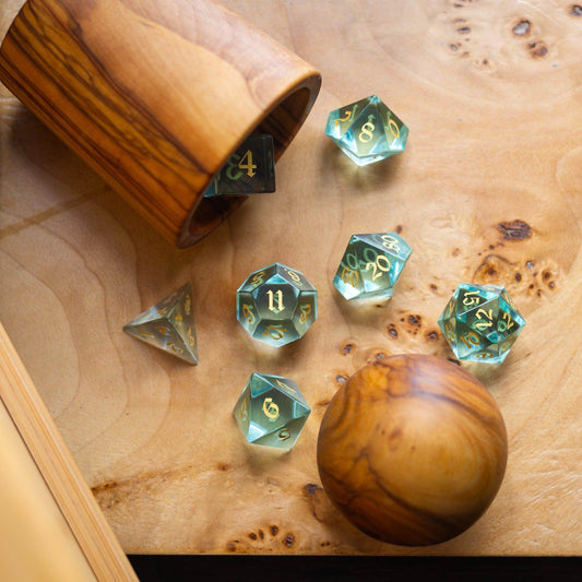Green Water Glass Hand Carved DND Dice Set - Full Set And Free Dice Box