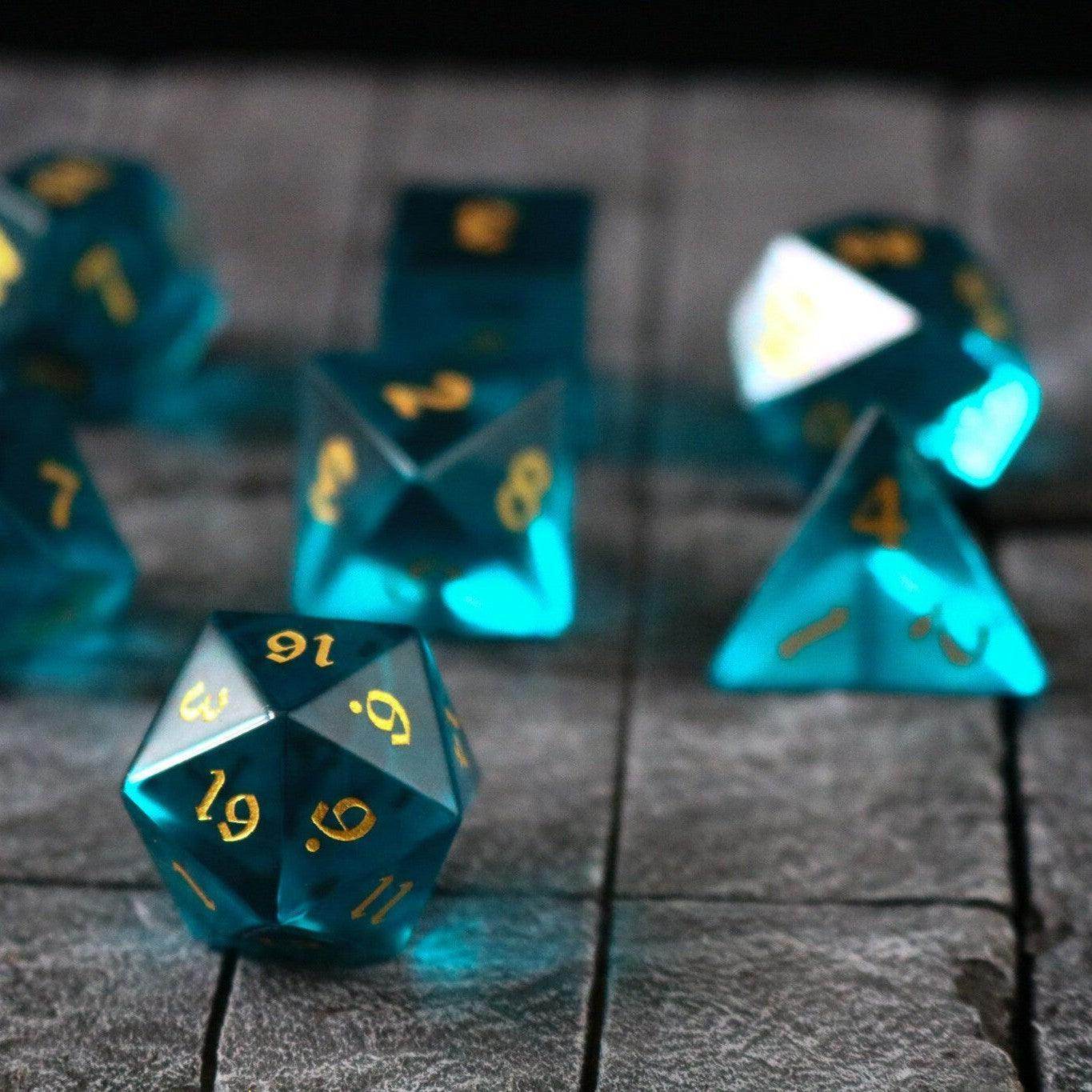 Green Zircon Glass Hand Carved DND Dice Set - Full Set And Free Dice Box