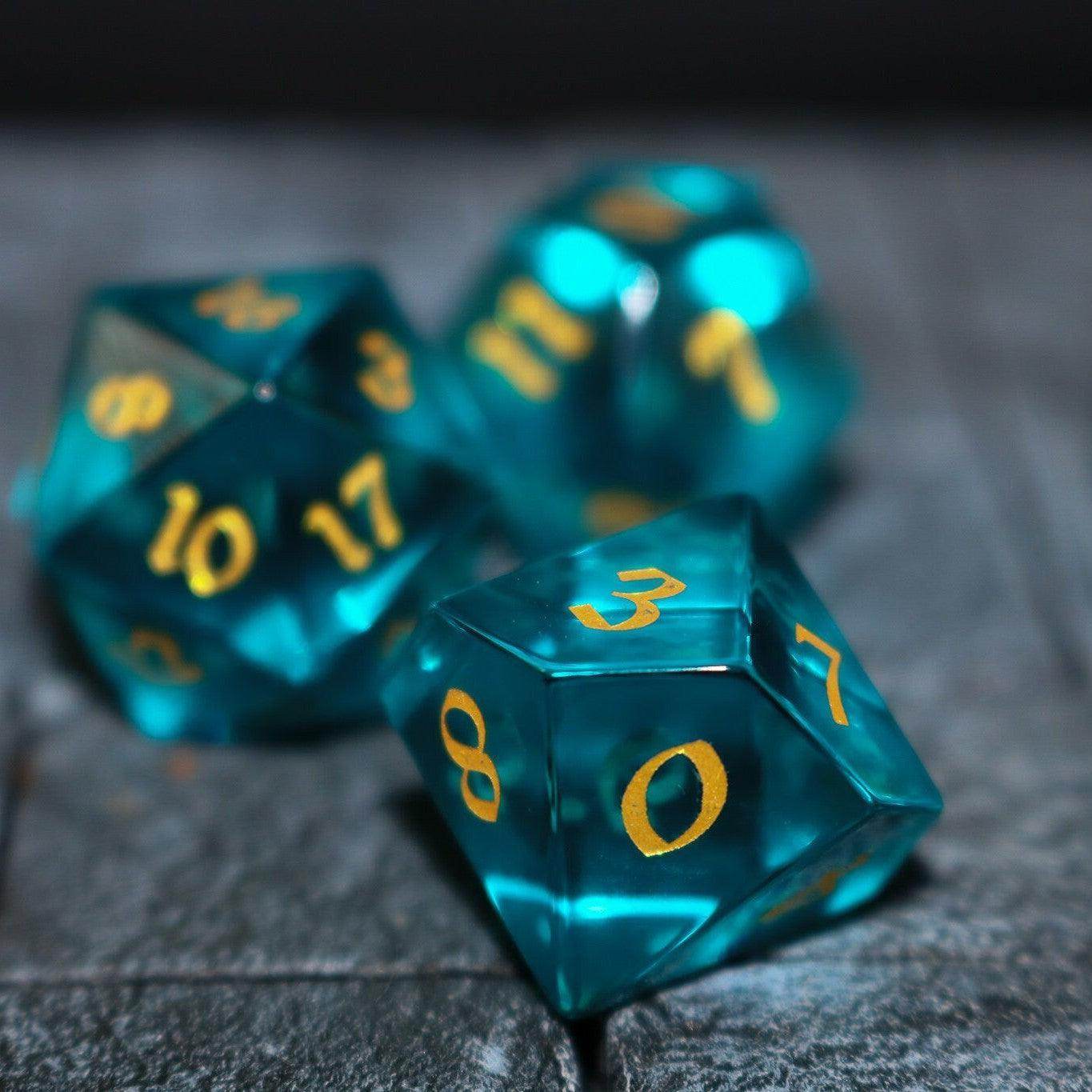 Green Zircon Glass Hand Carved DND Dice Set - Full Set And Free Dice Box