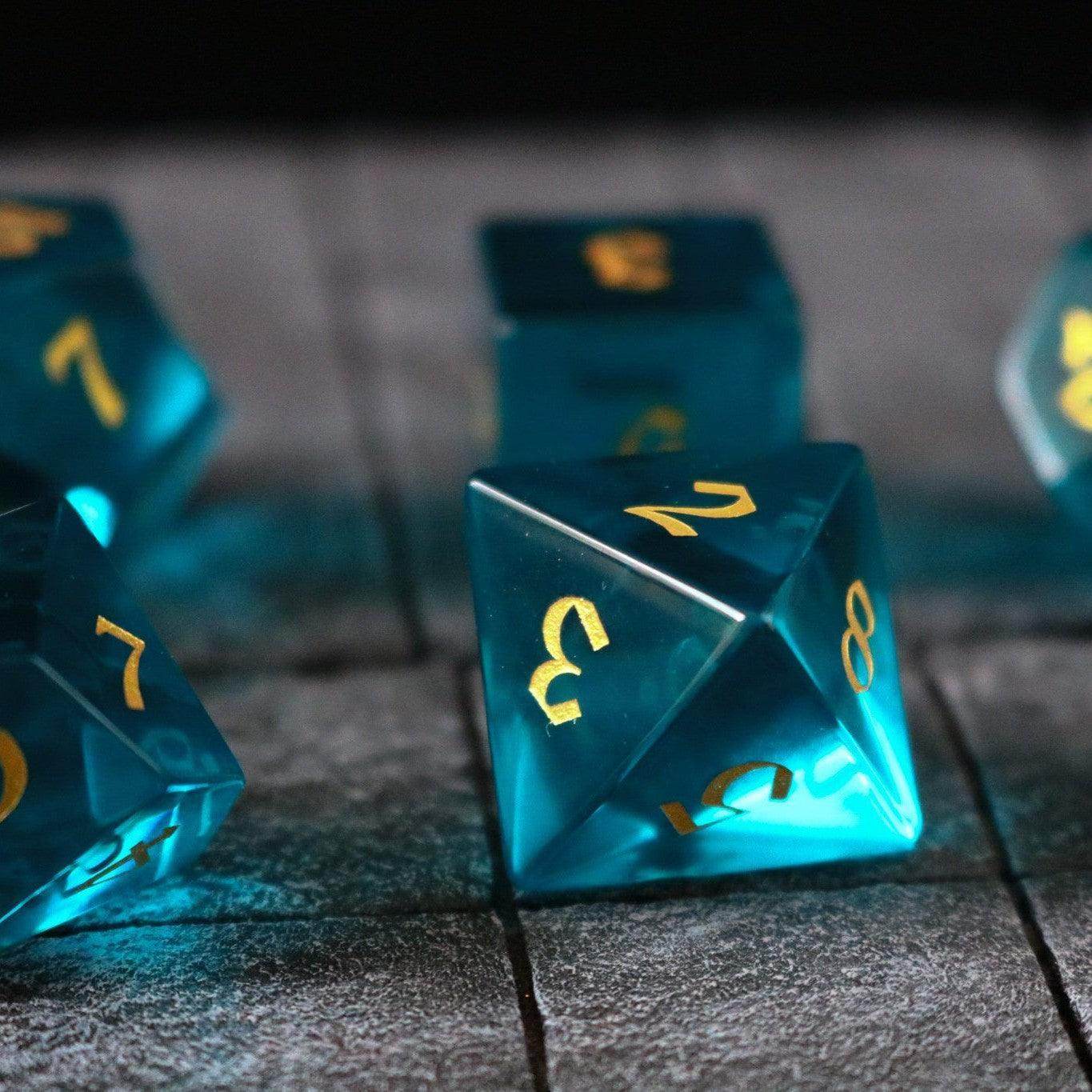 Green Zircon Glass Hand Carved DND Dice Set - Full Set And Free Dice Box