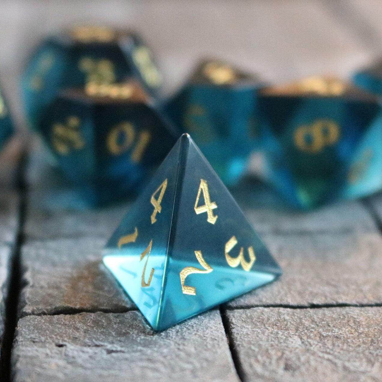 Green Zircon Glass Hand Carved DND Dice Set - Full Set And Free Dice Box