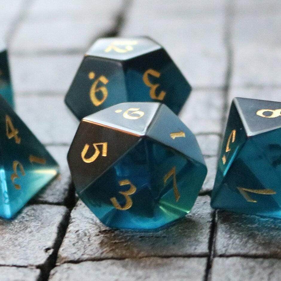 Green Zircon Glass Hand Carved DND Dice Set - Full Set And Free Dice Box