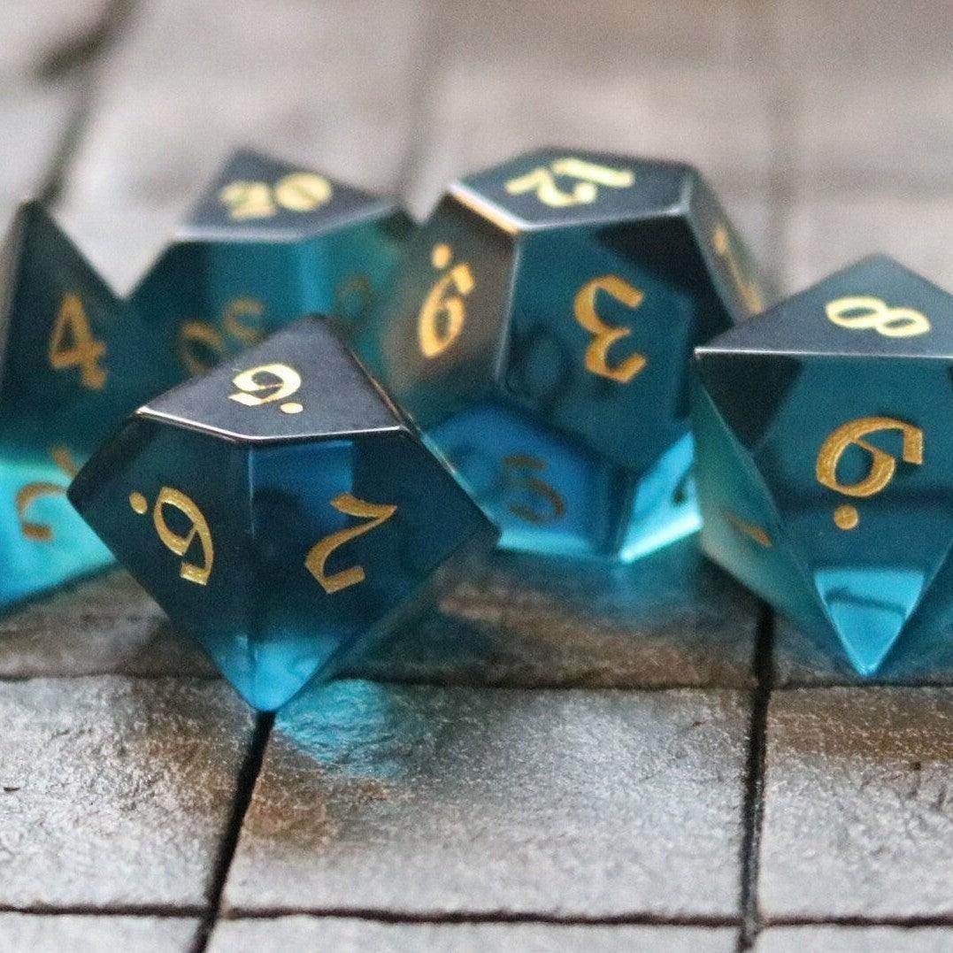 Green Zircon Glass Hand Carved DND Dice Set - Full Set And Free Dice Box