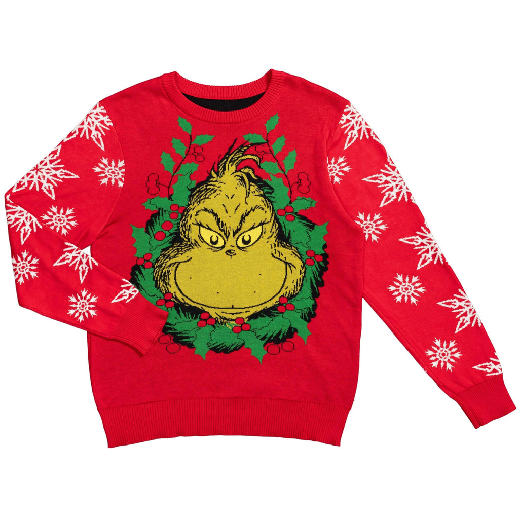 Grinch Head Santa Hat Wreath Sweater - XS