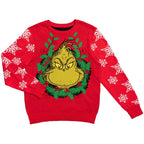 Grinch Head Santa Hat Wreath Sweater - XS