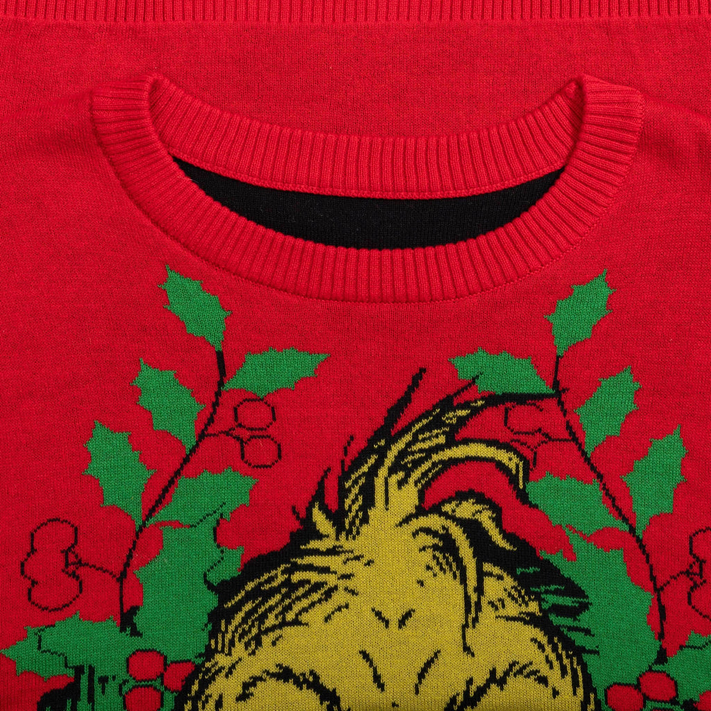 Grinch Head Santa Hat Wreath Sweater - XS