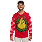 Grinch Head Santa Hat Wreath Sweater - XS