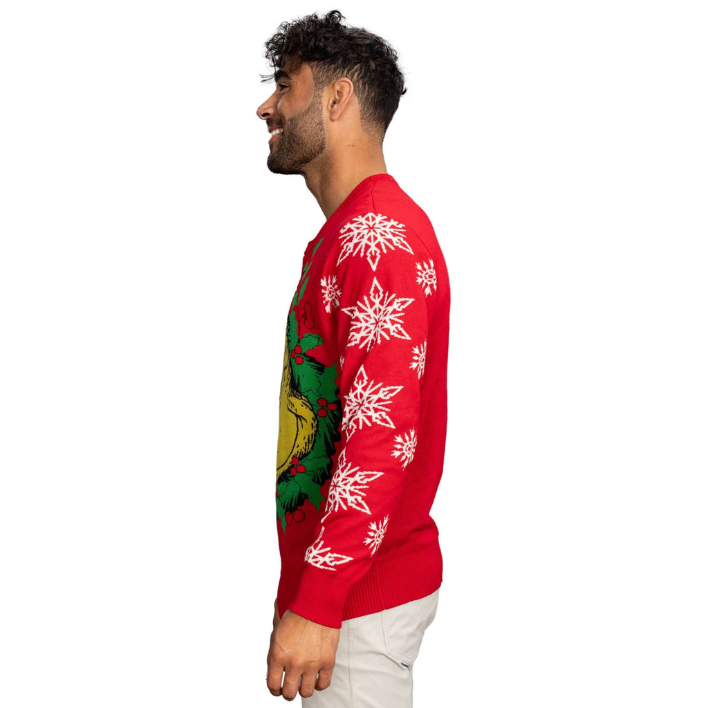 Grinch Head Santa Hat Wreath Sweater - XS