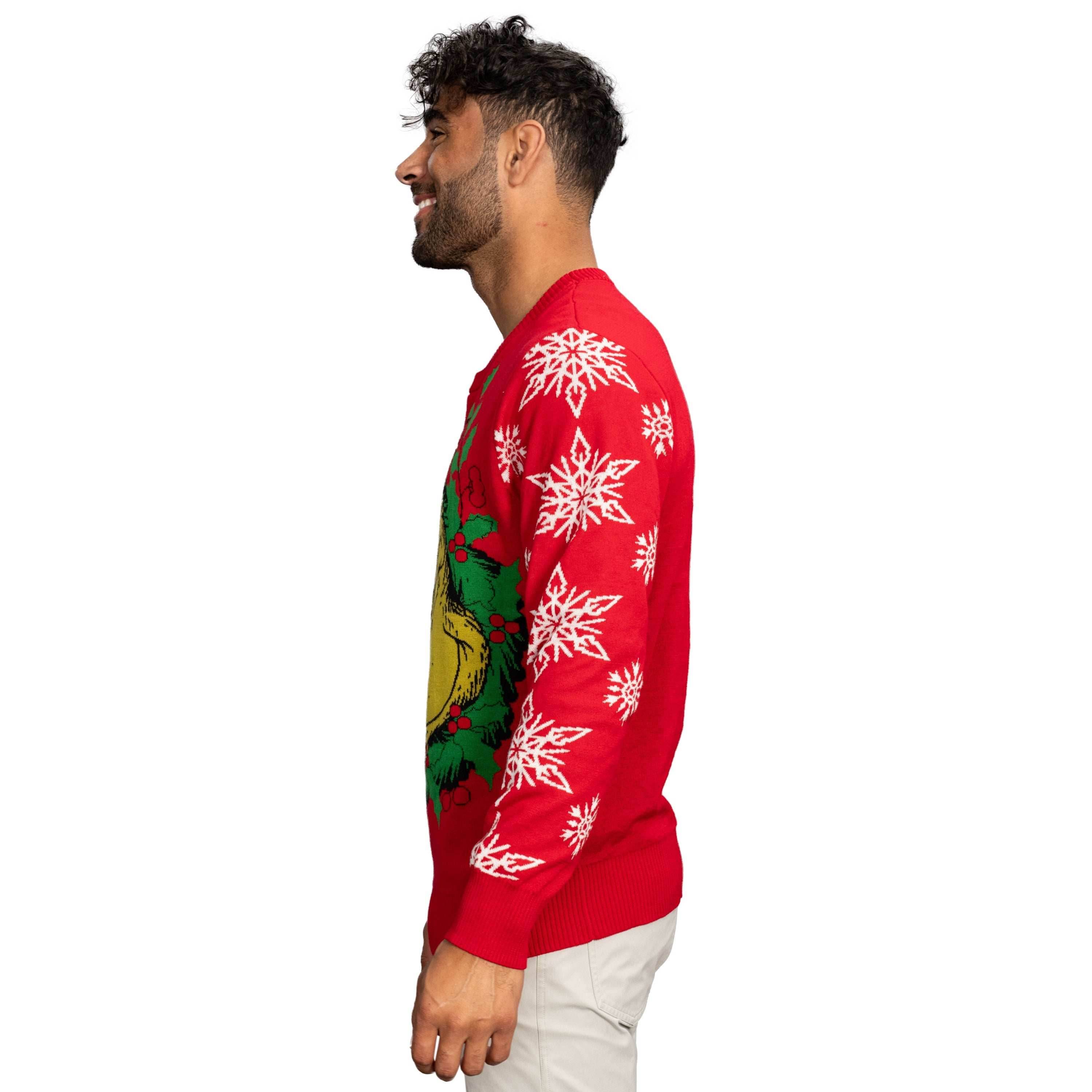 Grinch Head Santa Hat Wreath Sweater - XS