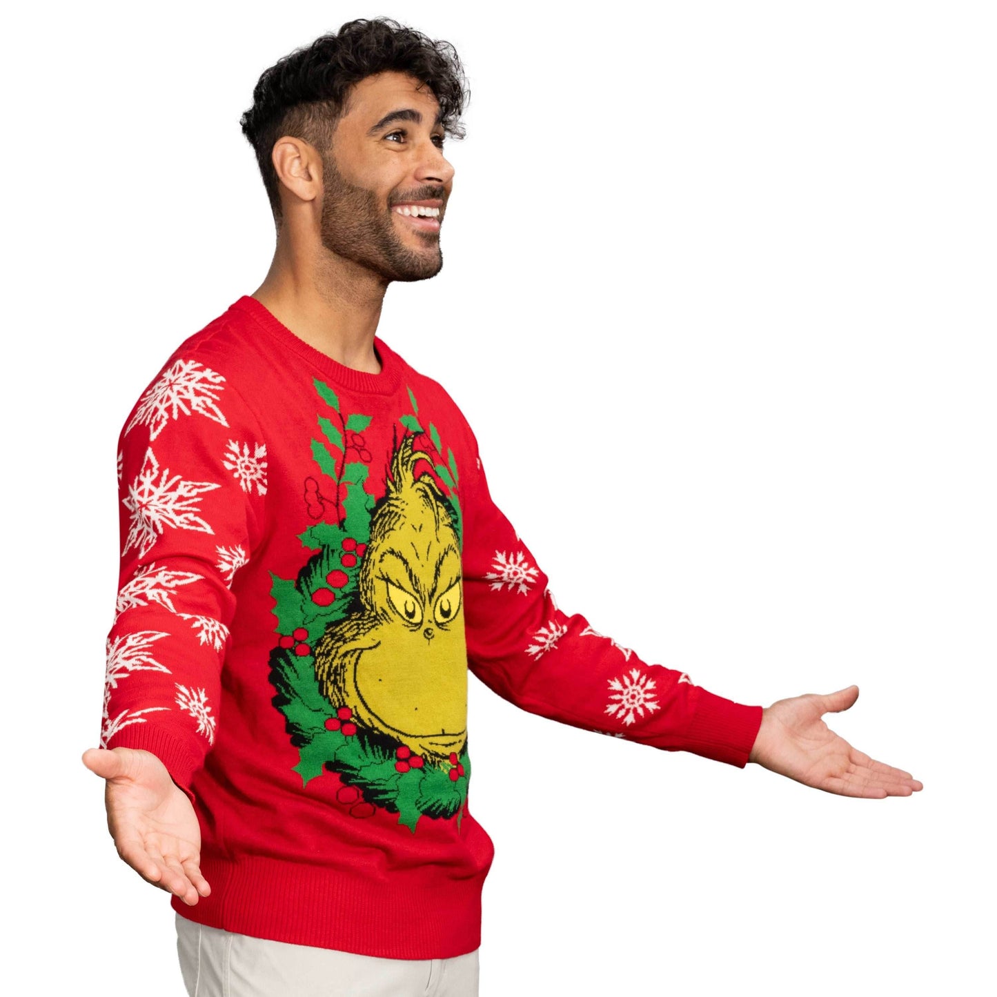 Grinch Head Santa Hat Wreath Sweater - XS
