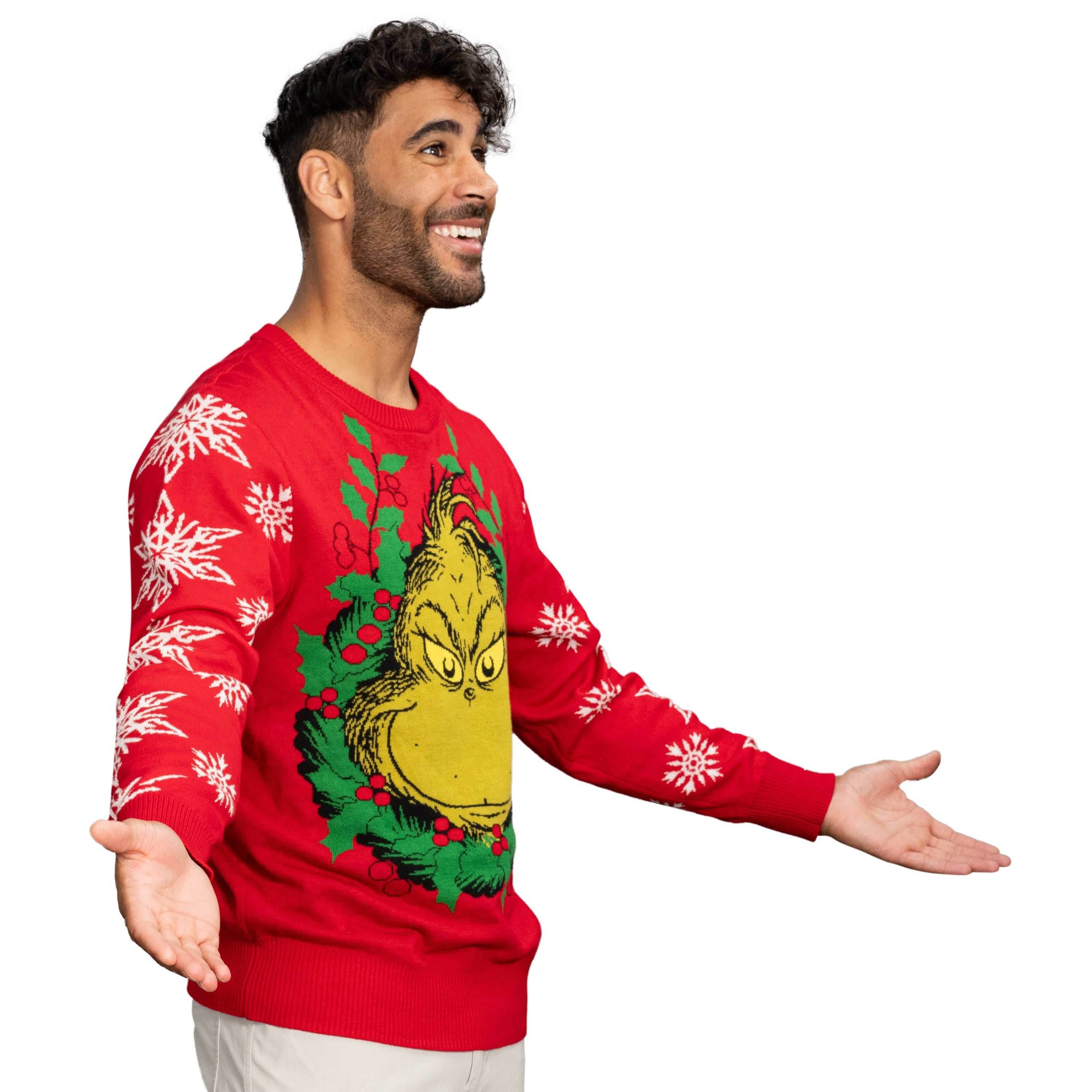 Grinch Head Santa Hat Wreath Sweater - XS