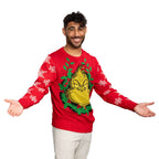 Grinch Head Santa Hat Wreath Sweater - XS