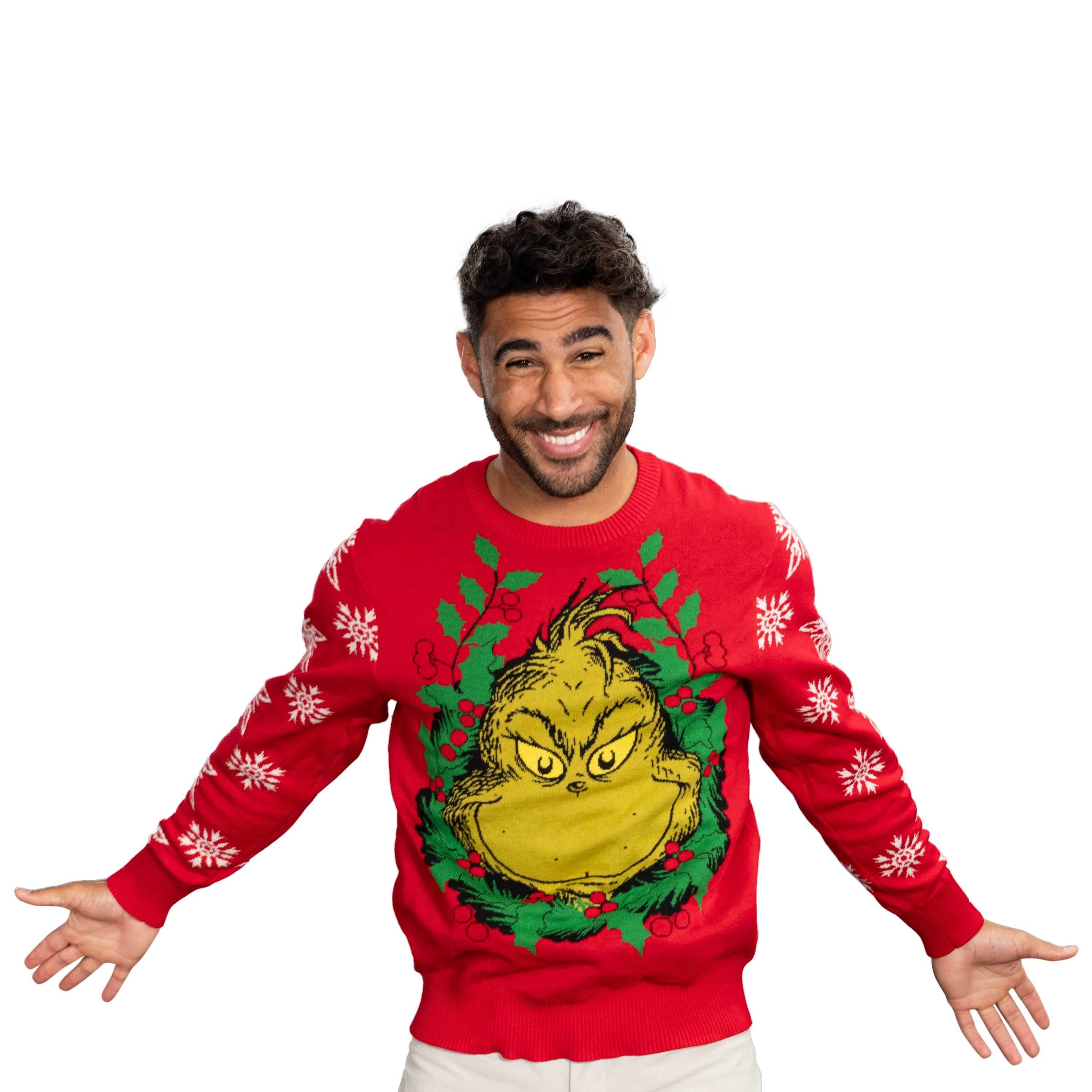 Grinch Head Santa Hat Wreath Sweater - XS