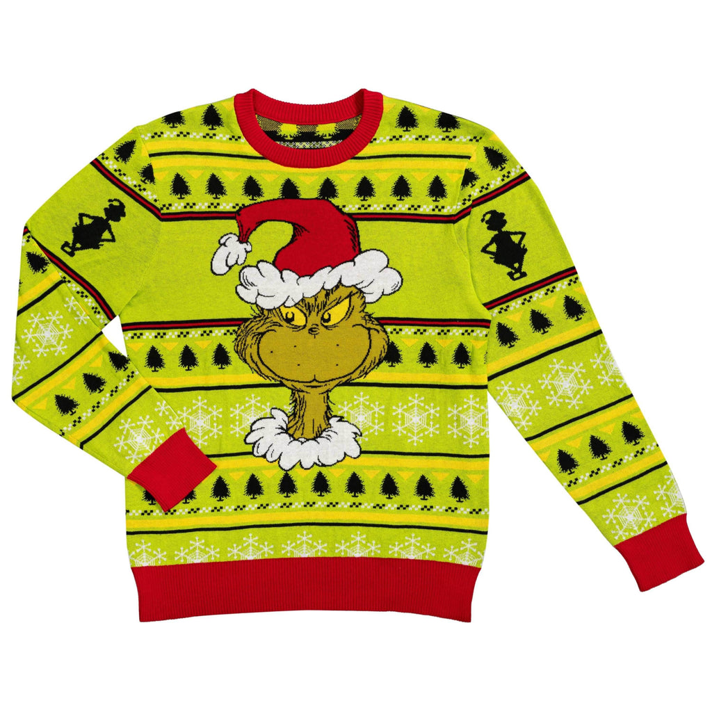 Grinch Head Santa Hat Wreath Sweater - XS