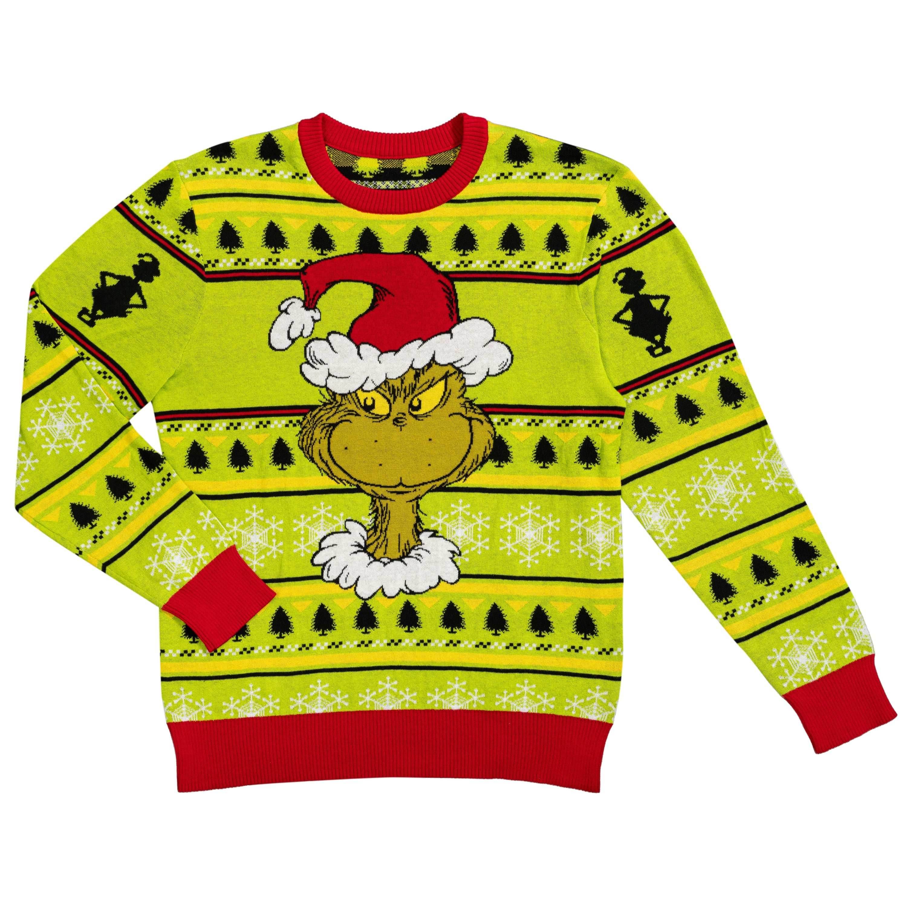Grinch Head Santa Hat Wreath Sweater - XS