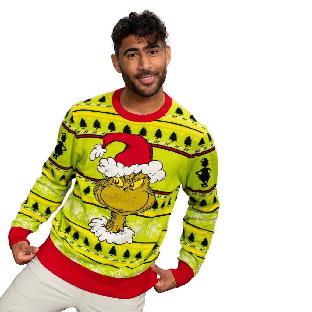 Grinch Head Santa Hat Wreath Sweater - XS