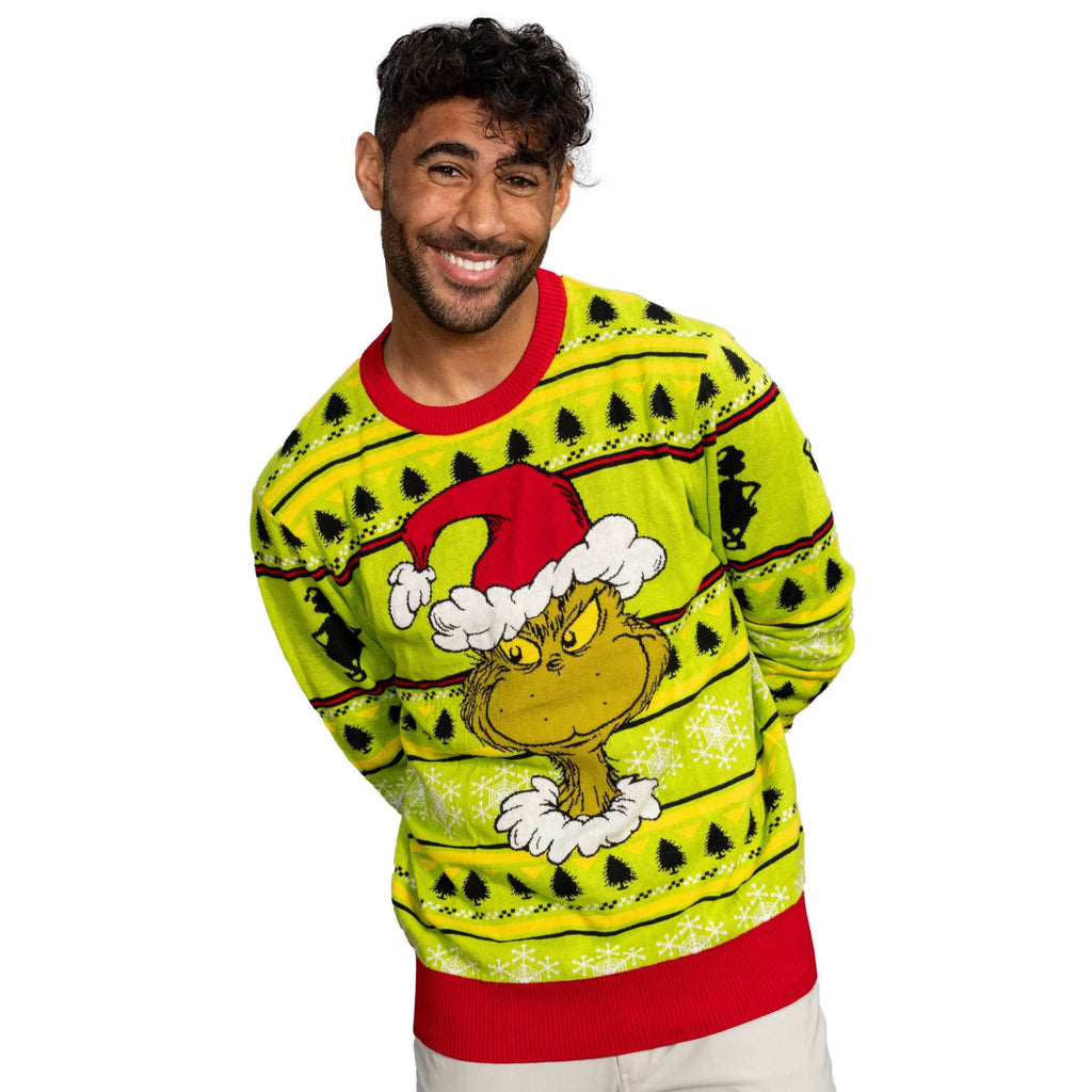 Grinch Head Santa Hat Wreath Sweater - XS