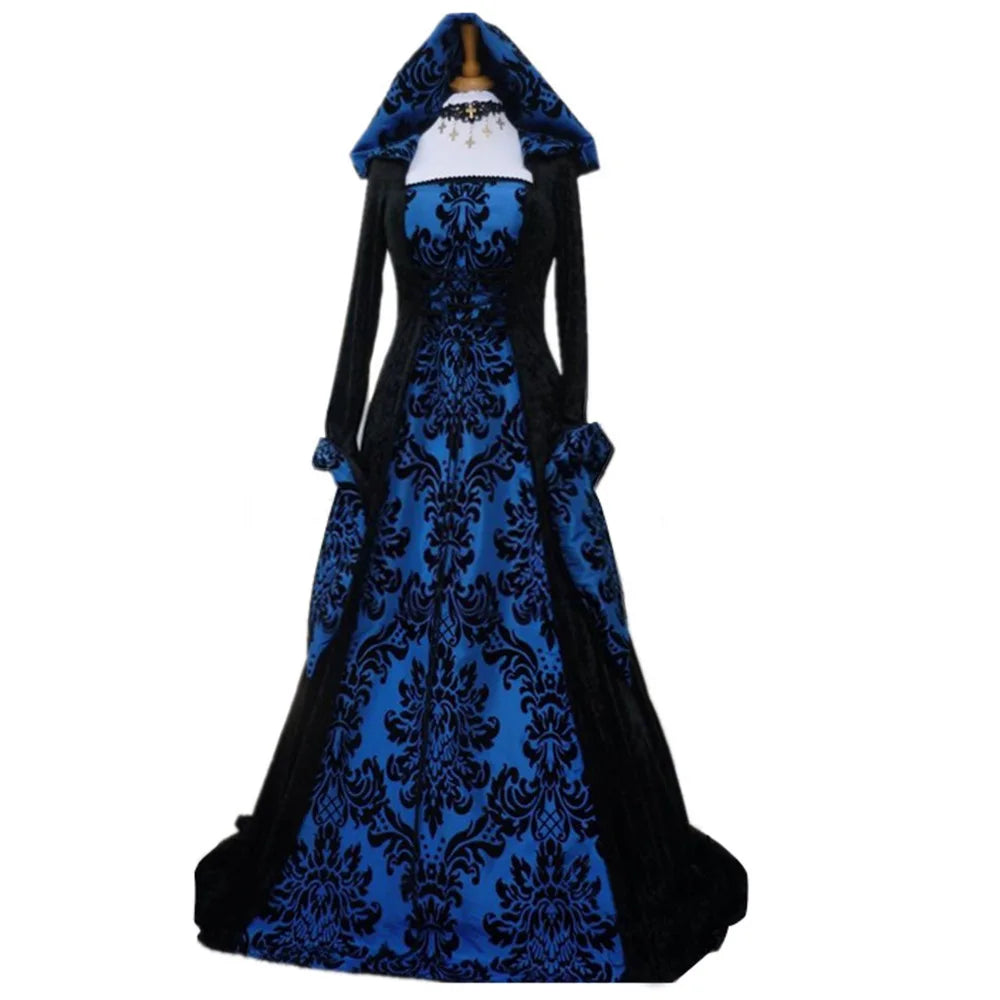 Halloween Costume Wicca Witch Medieval Dress Women Adult Plus Size Gothic Hooded Printed Maxi Robe Victorian Renaissance Outfit