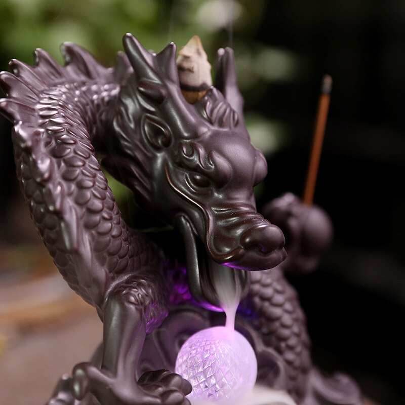 Ceramic Dragon Backflow Incense Burner With Crystal and Stick Holder - 