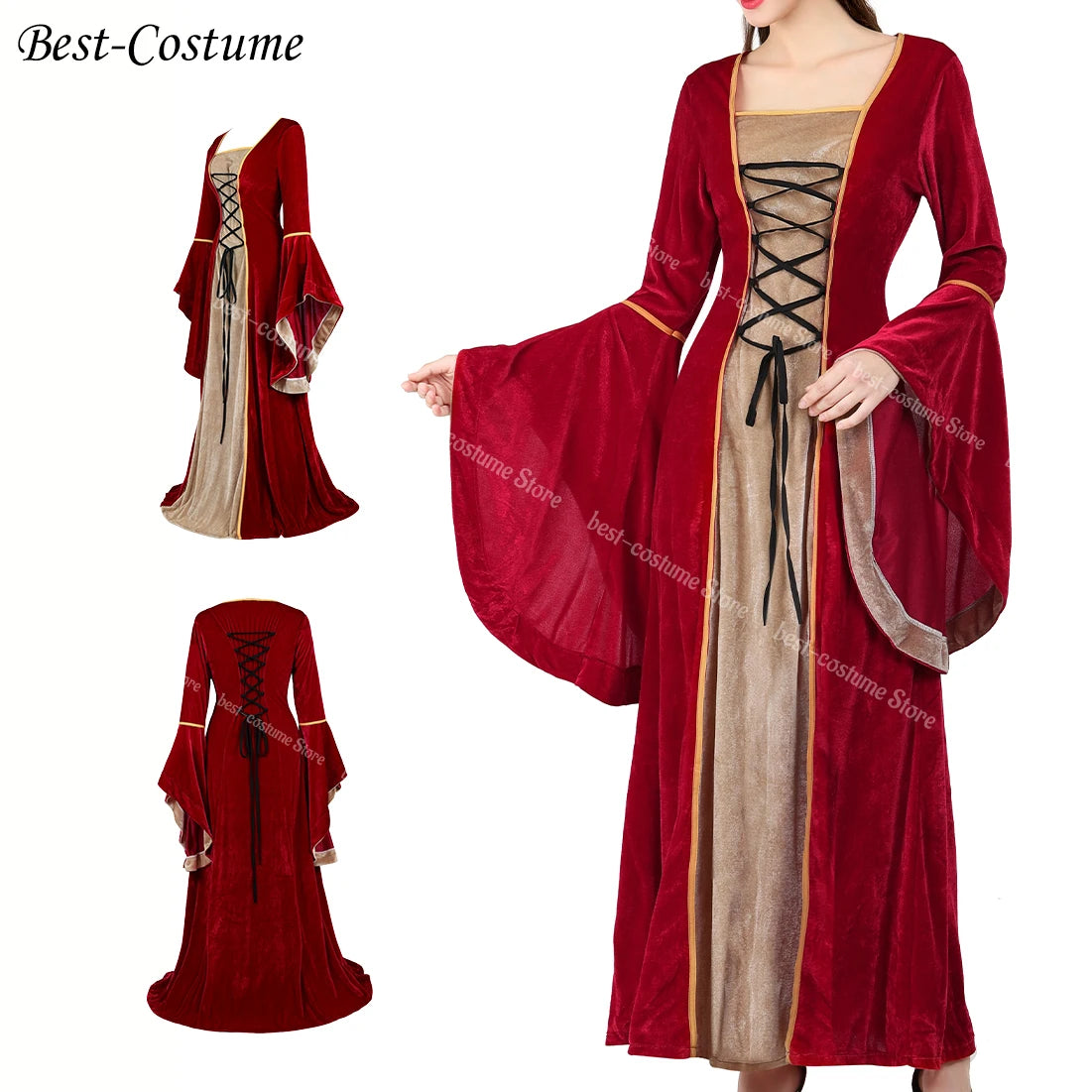 Women Medieval Renaissance Dress Cosplay Halloween Costumes Plus Size Elegant Velvet Dress Long Sleeves Green Victorian Gown