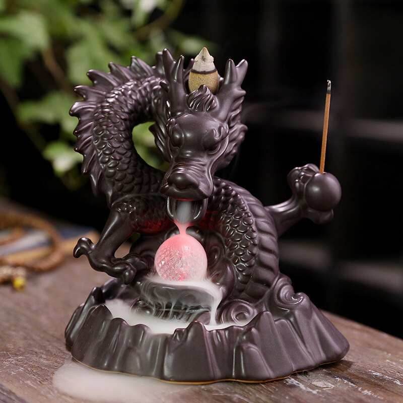 Ceramic Dragon Backflow Incense Burner With Crystal and Stick Holder - 