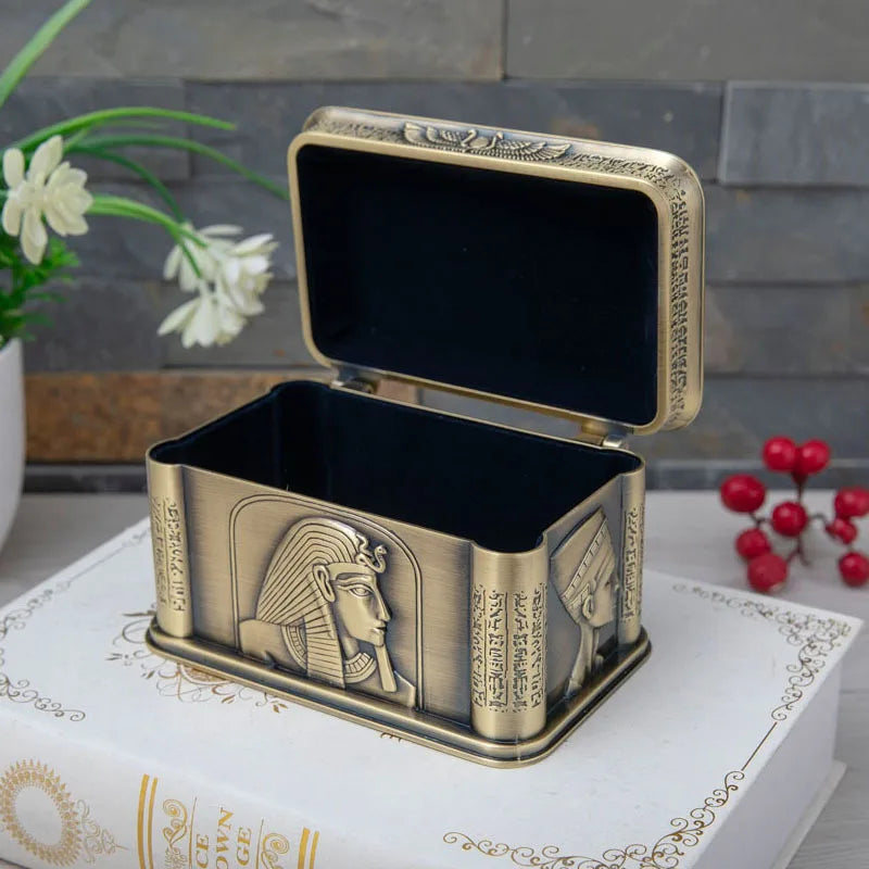 Vintage Egypt Pharaoh Metal Relief Jewelry Box Egyptian Gift Storage Case Home Art Craft Decoration Organizer Casket Chest