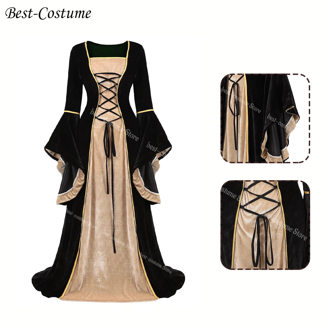 Women Medieval Renaissance Dress Cosplay Halloween Costumes Plus Size Elegant Velvet Dress Long Sleeves Green Victorian Gown