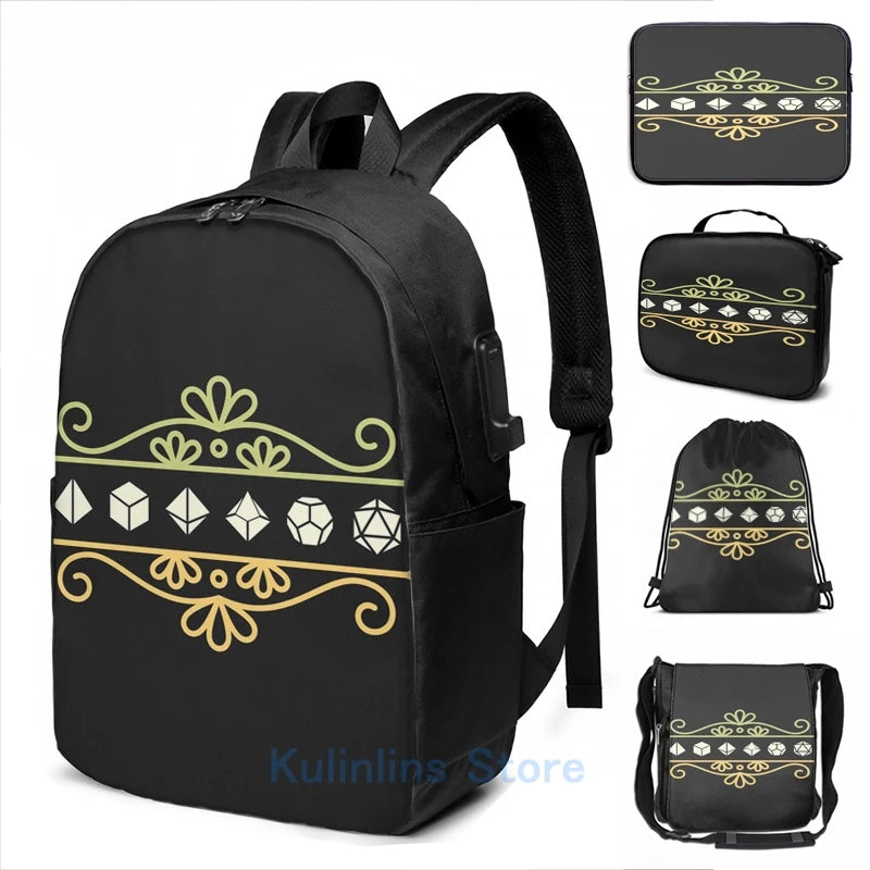 Graphic print Green and Yellow Polyhedral Dice Set Ornament USB Charge Backpack men School bags Women bag Travel laptop bag
