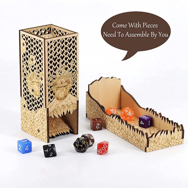 DnD Dice Tower with Tray Wood Laser Etched Beholder Portable and Collapsible Dice Roller