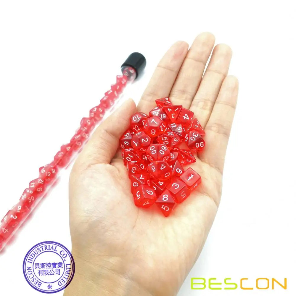 Bescon Juego de mini dados poliédricos rojos translúcidos de 28 piezas en tubo, mini dados de rubí RPG 4x7 piezas, juego de dados de gema de rubí mini