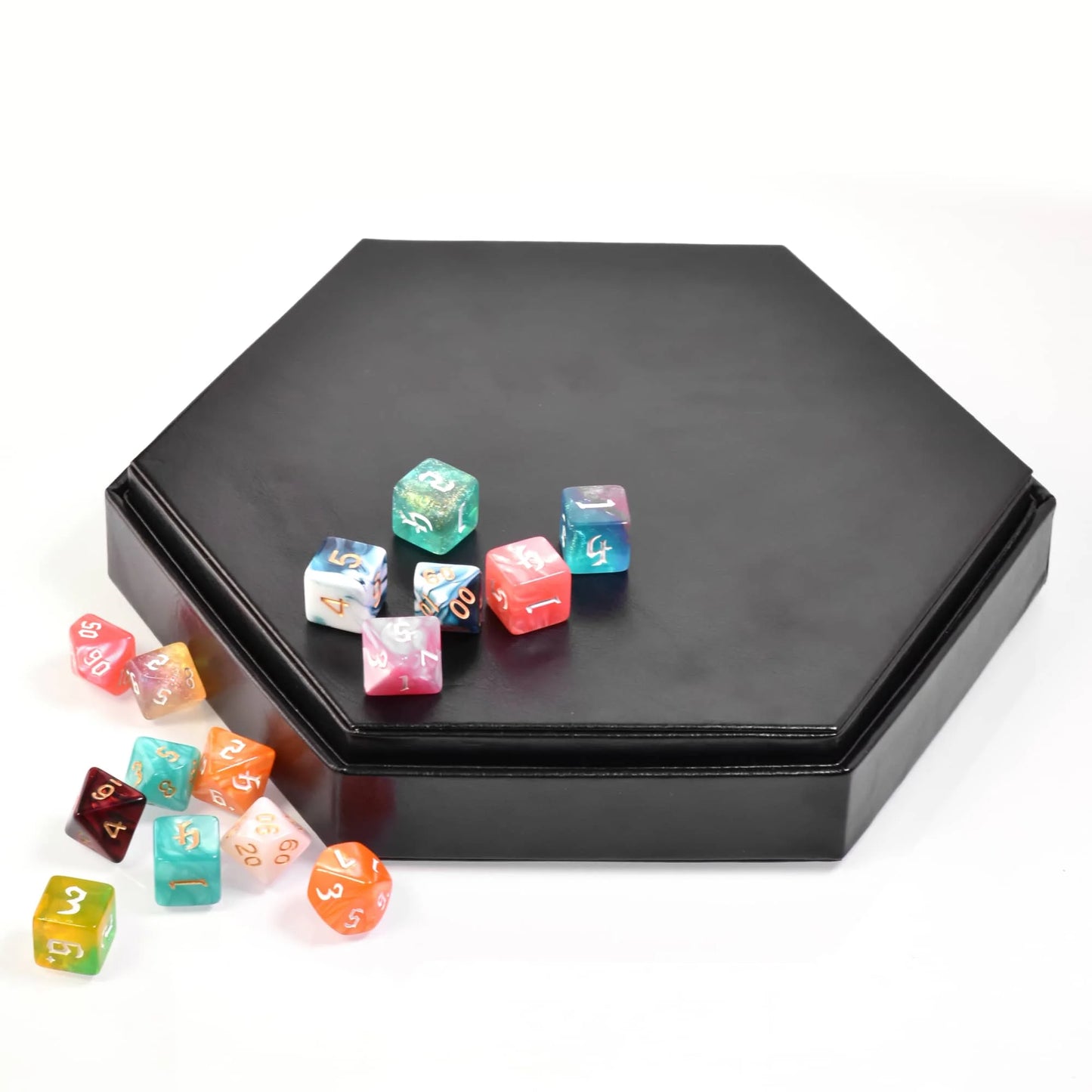 2 in 1 D&D Dice Tray & Dice Box Dice Case Hexagon Dice Rolling Tray Dice Holder PU Leather for Dice Games RPG Table Games