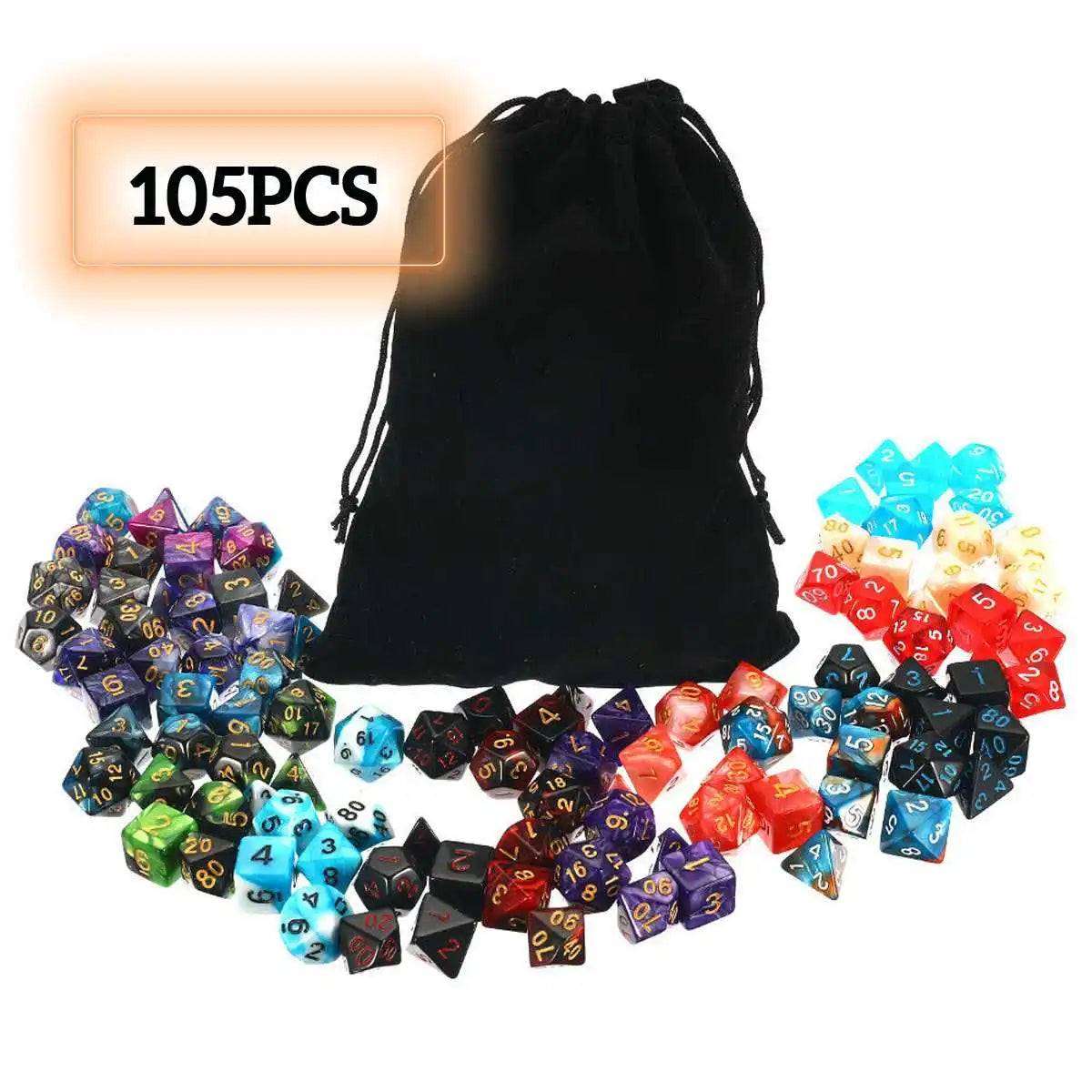 105Pcs Polyhedral Dice Set DND RPG Role Playing Dragon Table Game Mixed Color Set +Storage Bags