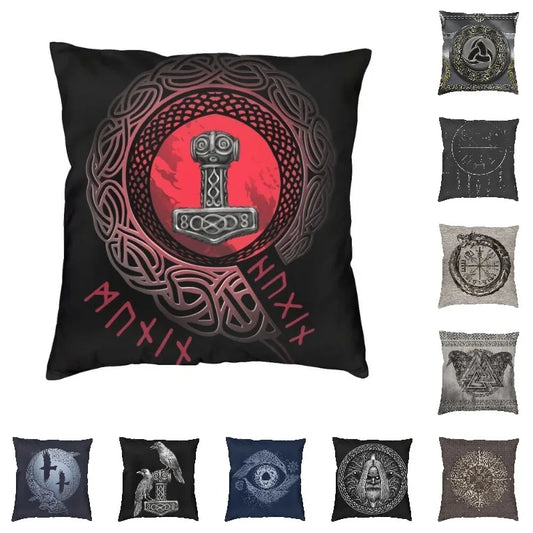 Viking Runes Thor Mjolnir Cushion Covers 40x40 Soft Norse Valhalla Odin Pillow Case for Sofa Car Square Pillowcase Decoration